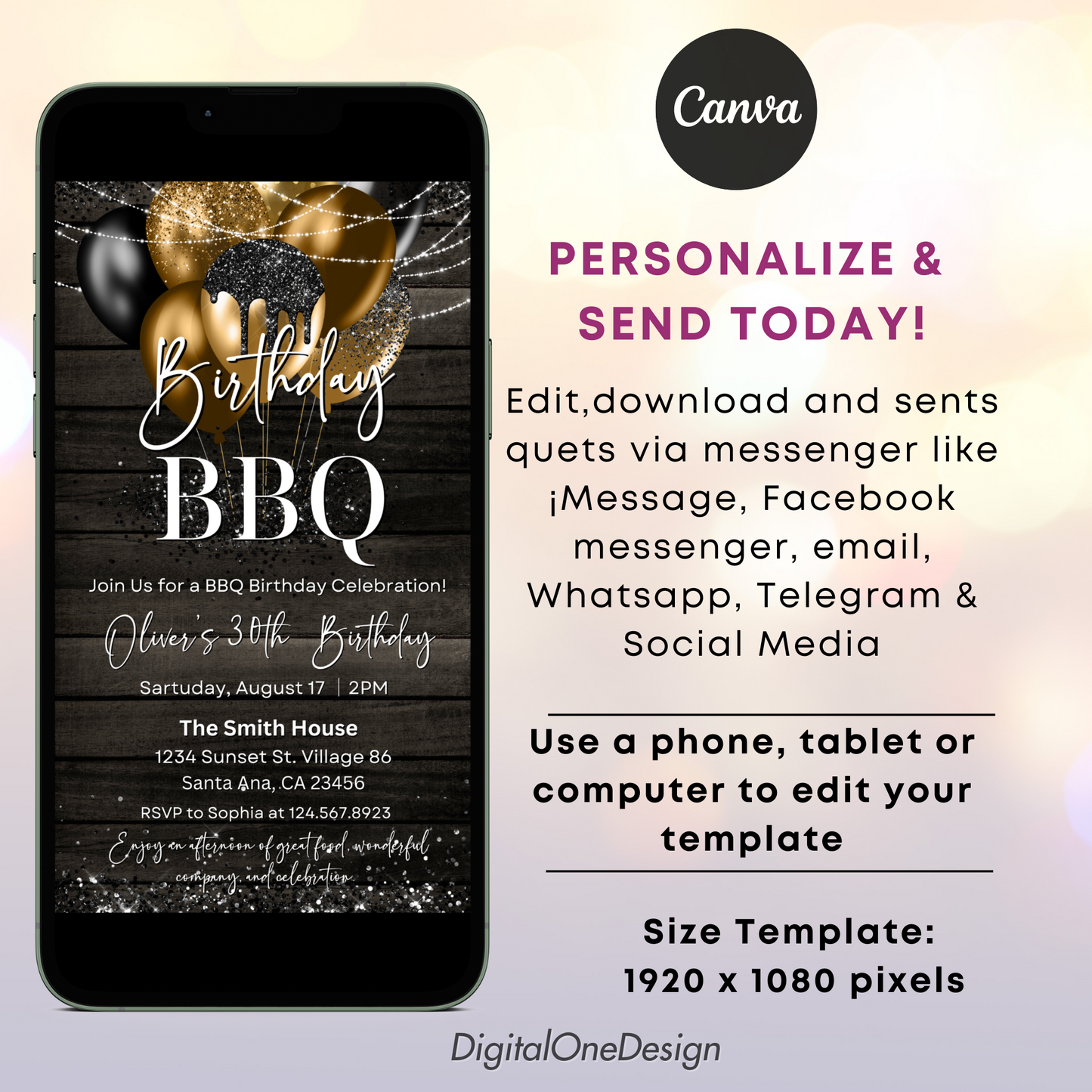 Personalize Black and Gold Backyard BBQ Birthday party Invitation template