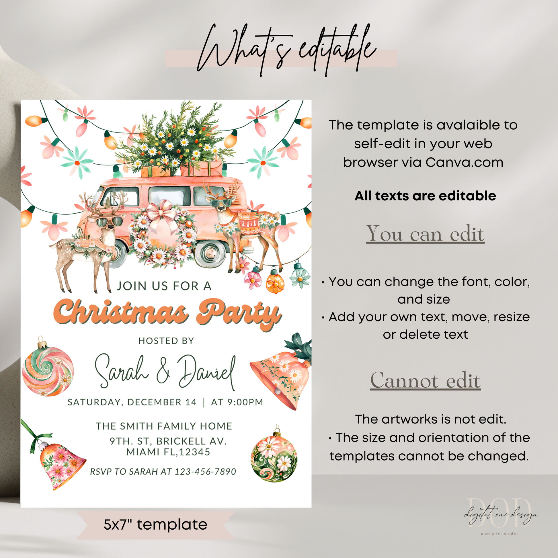 Pink and Green Christmas party invitation template with editable text on a white background