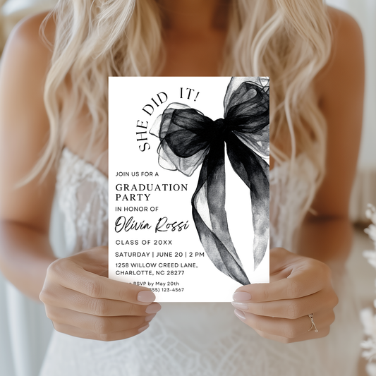 Editable Watercolor Black Bow Coquette Graduation Invitation