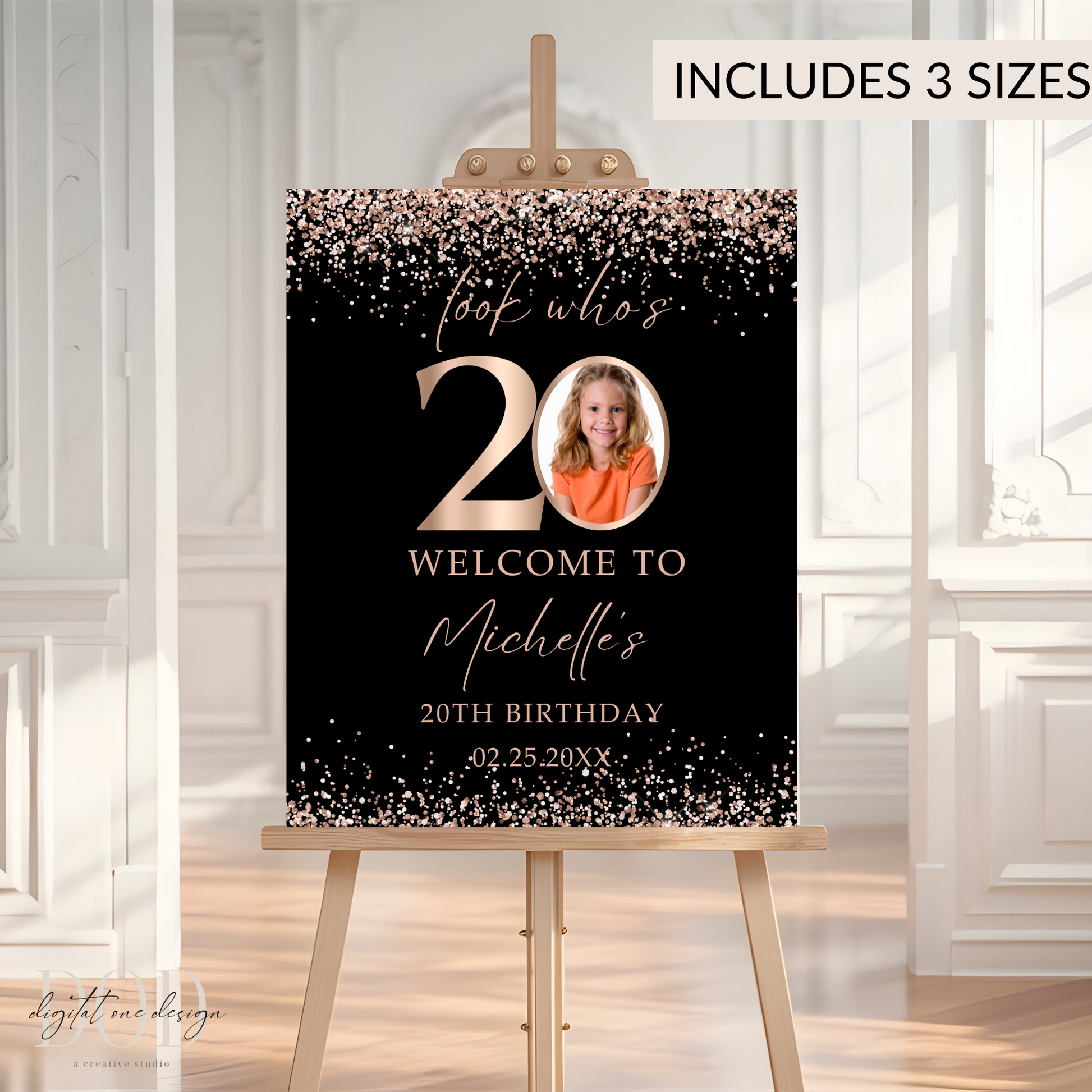 Editable Look Who’s 20 Photo Birthday Poster displayed on an easel with rose gold confetti design for a 20th birthday celebration.