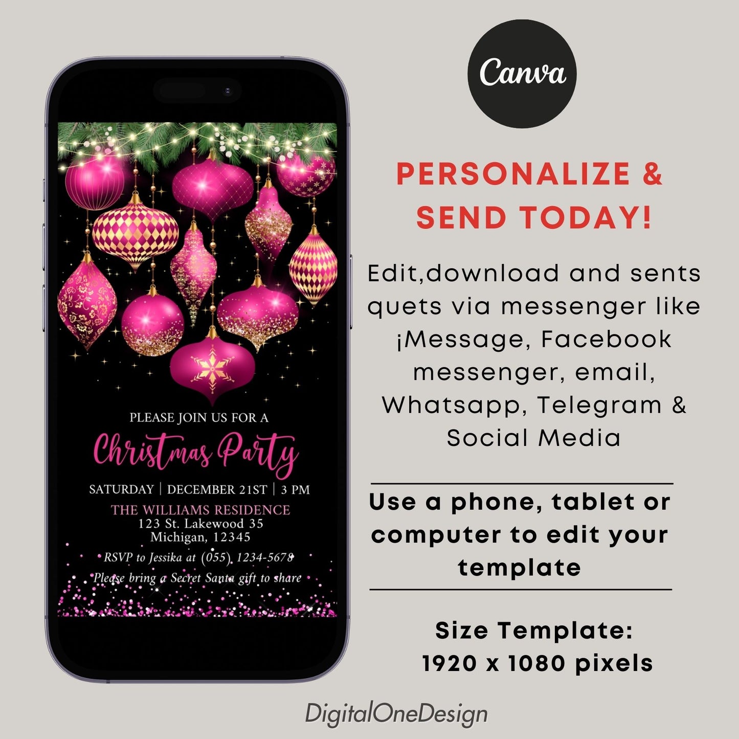 Hot Pink and Gold Ornaments Christmas Party Invitation