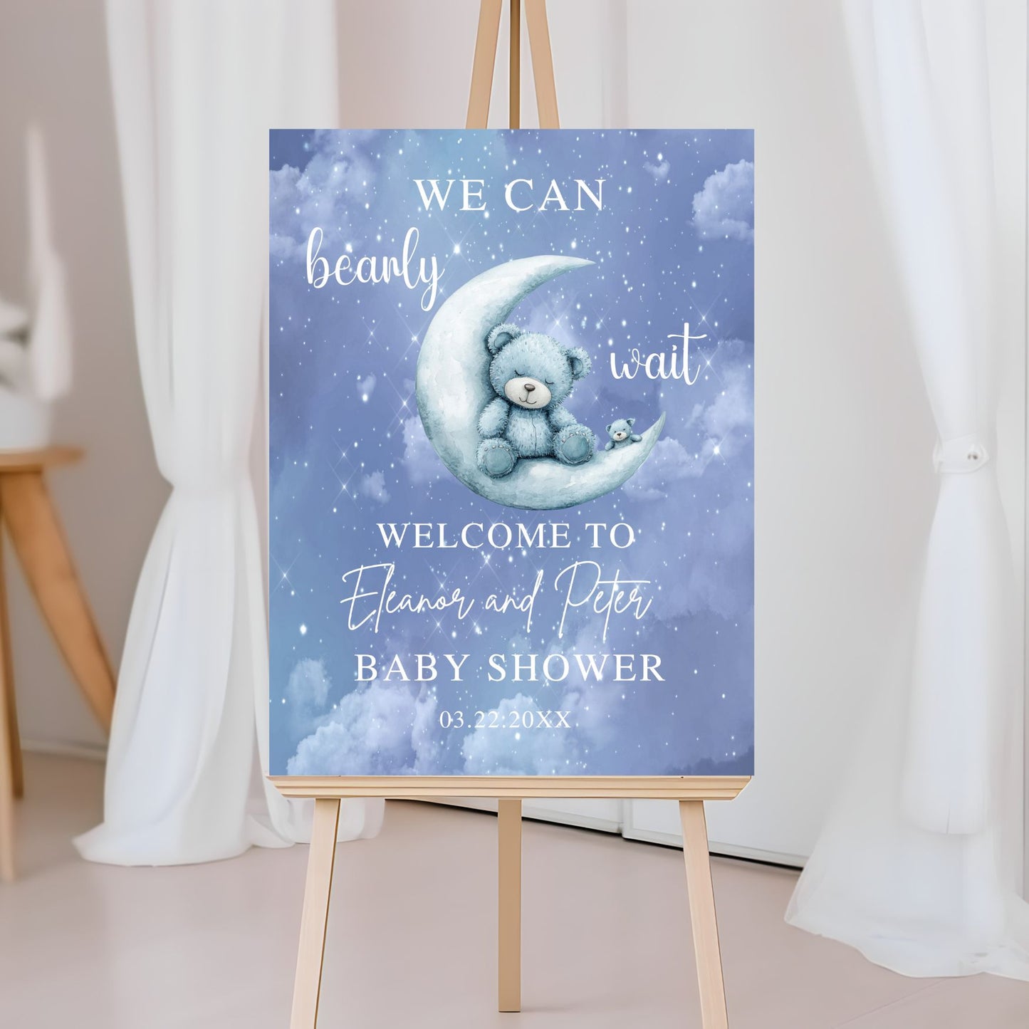 Adorable bear and moon baby shower welcome sign with stars