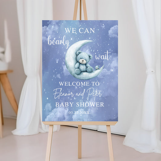 Adorable bear and moon baby shower welcome sign with stars