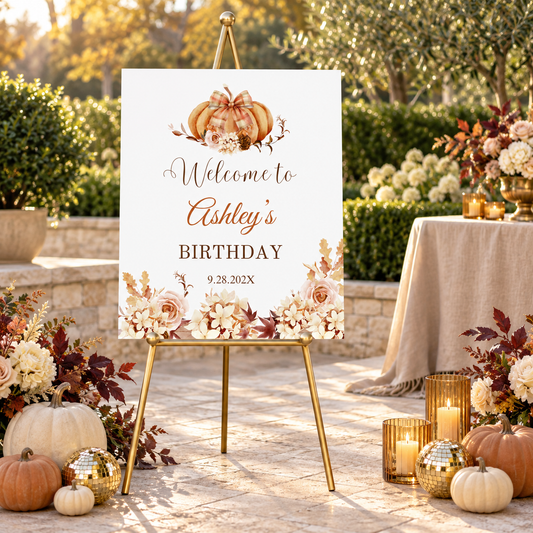 Editable Pumpkin & Floral Birthday Party Welcome Sign at a festive outdoor autumn event.