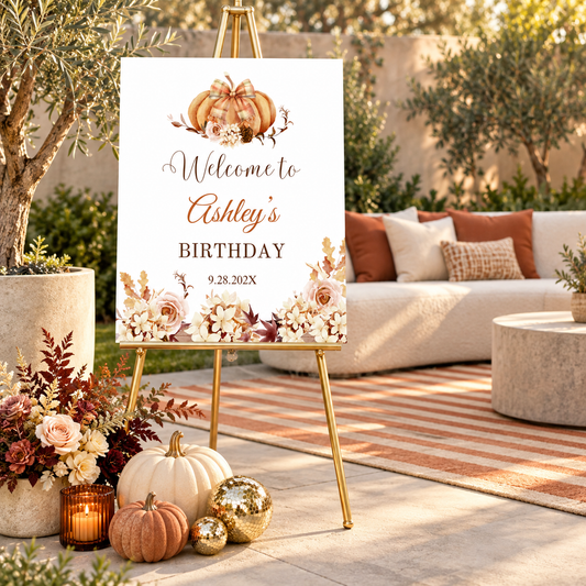 Editable Pumpkin & Floral Birthday Party Welcome Sign with pumpkins and floral decor for a stylish birthday celebration.
