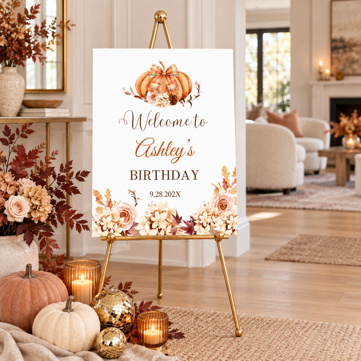 Editable Pumpkin & Floral Birthday Party Welcome Sign with pumpkin, floral decor in cozy autumn setting.