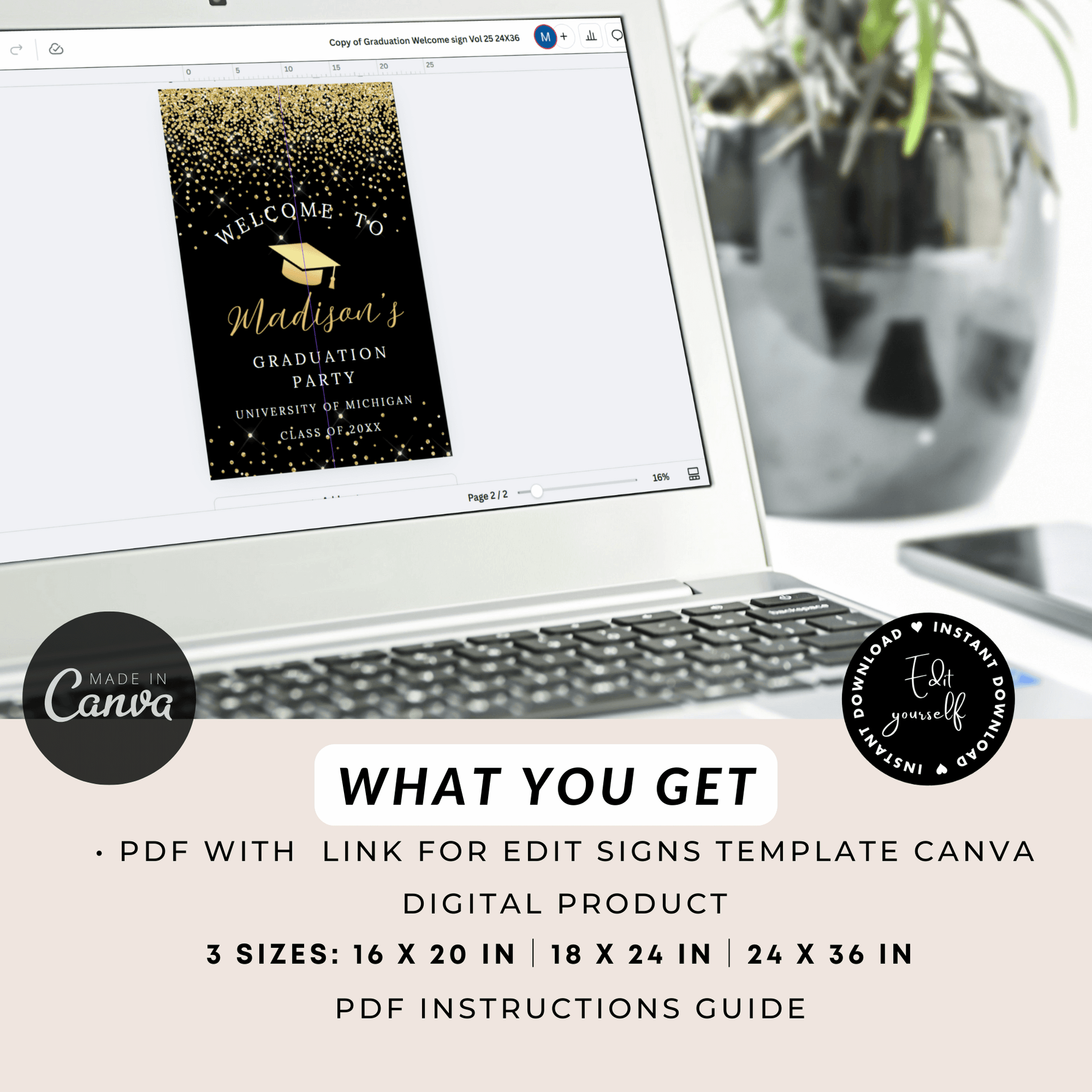 Editable Black and Gold Graduation Poster in Canva