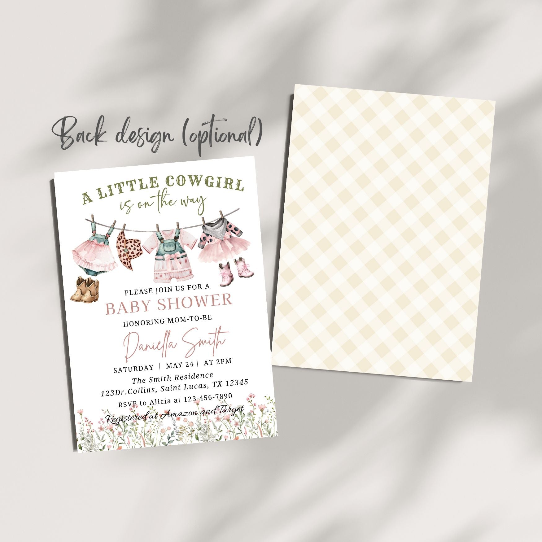 Baby shower invitation with cowgirl theme and checkered paper on a gray background
