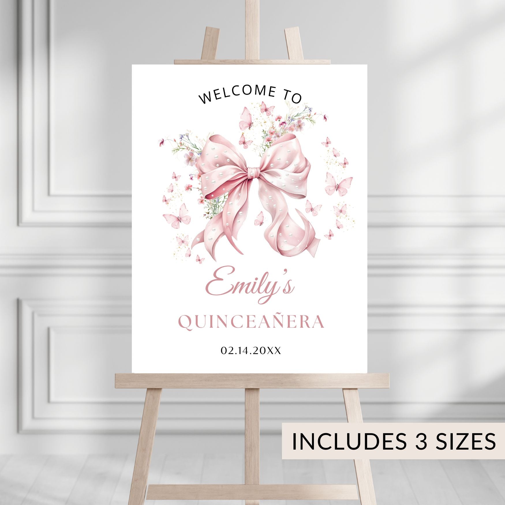 Elegant Pink Bow Pearls Quinceanera Welcome sign Template