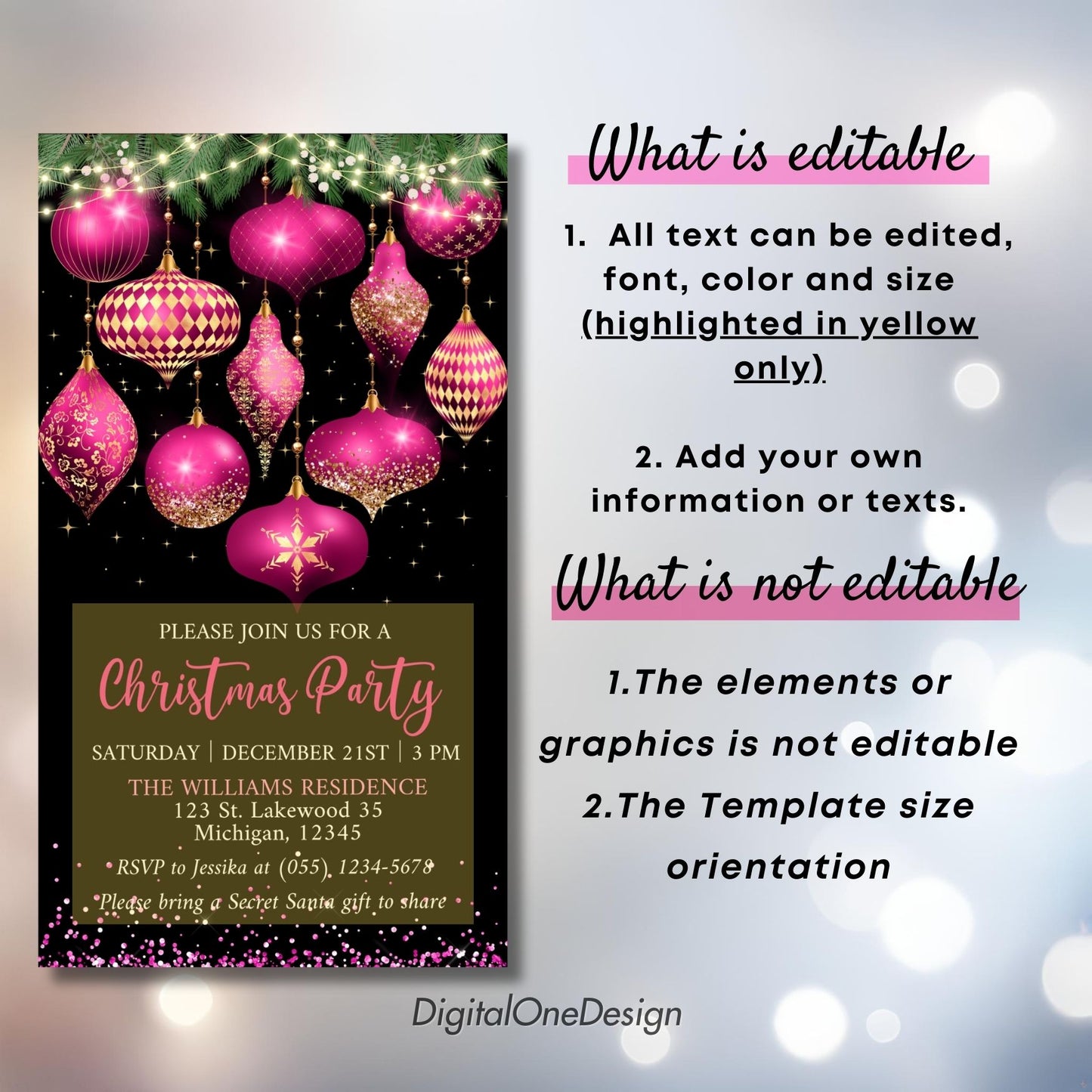 Hot Pink and Gold Ornaments Christmas Party Invitation