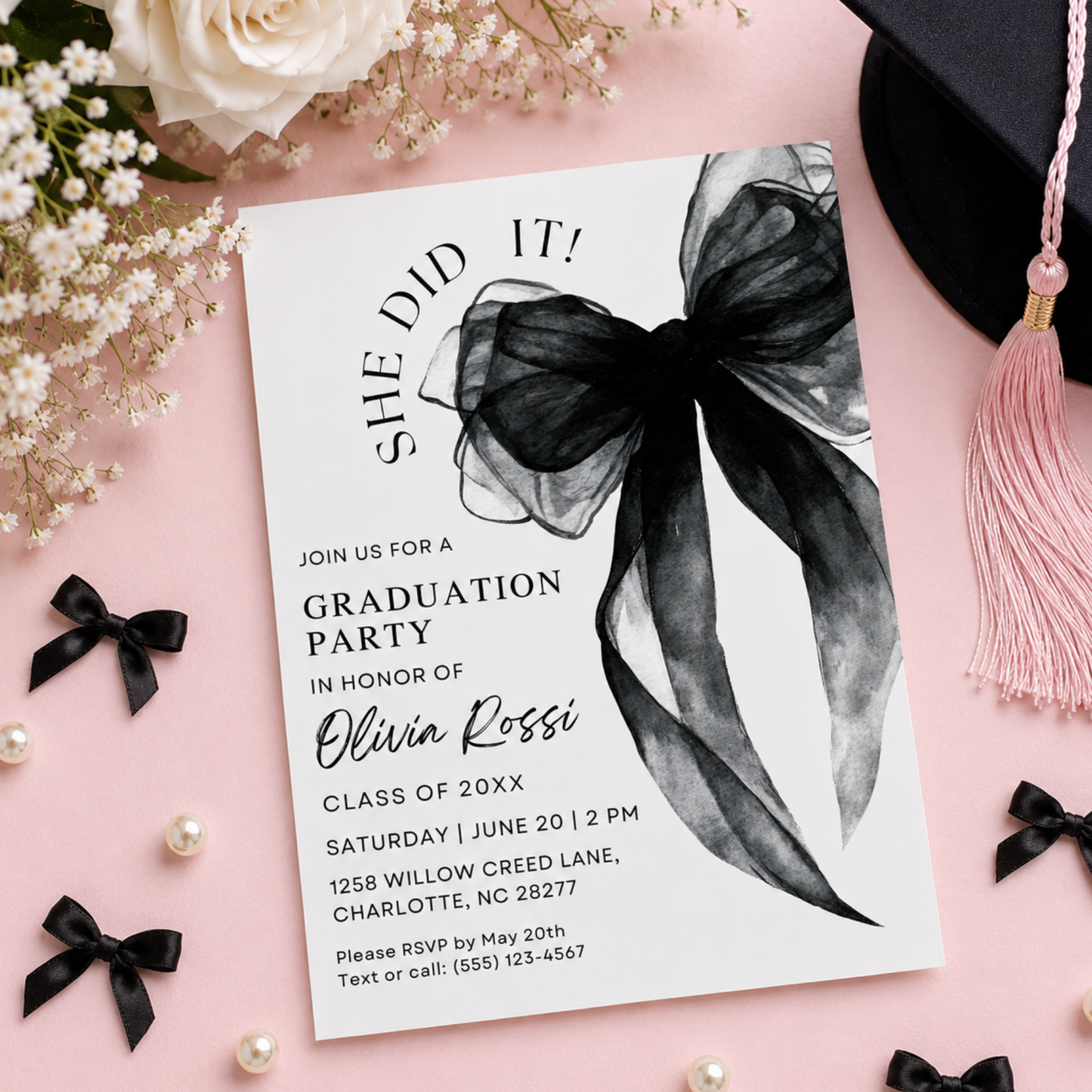 Editable Watercolor Black Bow Coquette Graduation Invitation