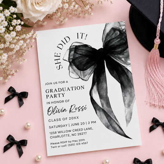 Editable Watercolor Black Bow Coquette Graduation Invitation