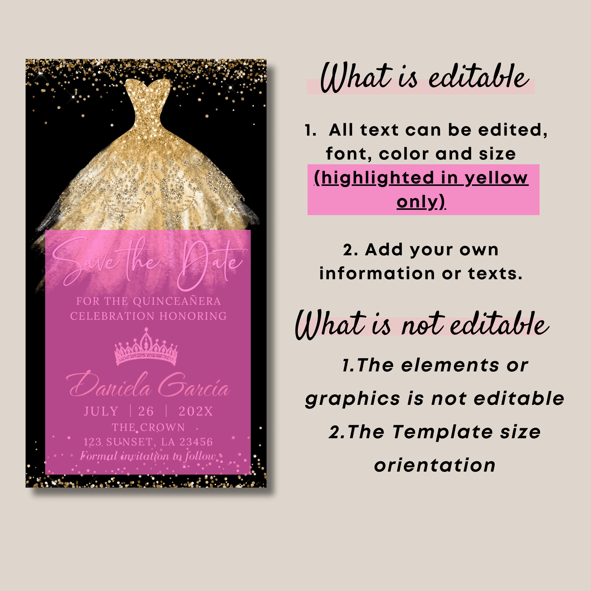 Gold Princess Dress Invitation template