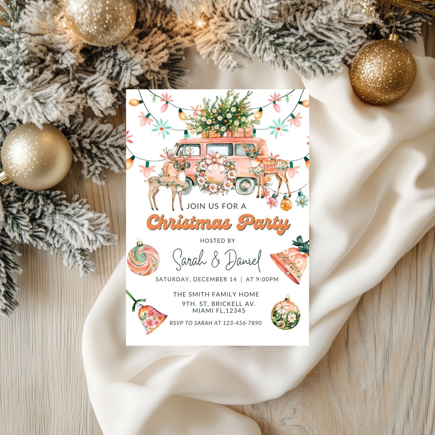 Christmas party invitation with festive design on a white surface with Christmas decorations.