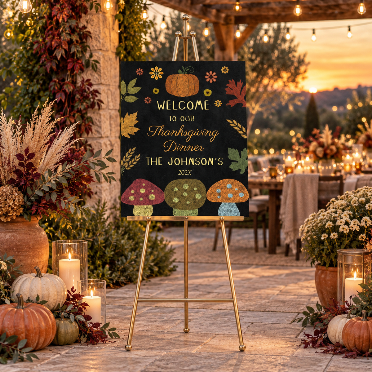Rustic Chalkboard Pumpkin Thanksgiving Welcome Sign with autumn decorations and pumpkins at a festive outdoor dinner setting.