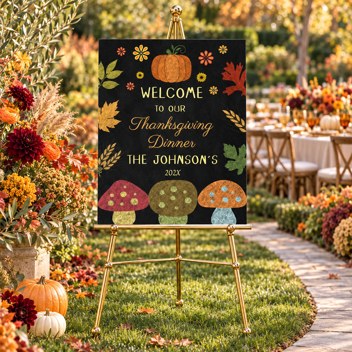 Rustic Chalkboard Pumpkin Thanksgiving Welcome Sign featuring autumn leaves, pumpkins, and mushrooms in a festive outdoor setting.