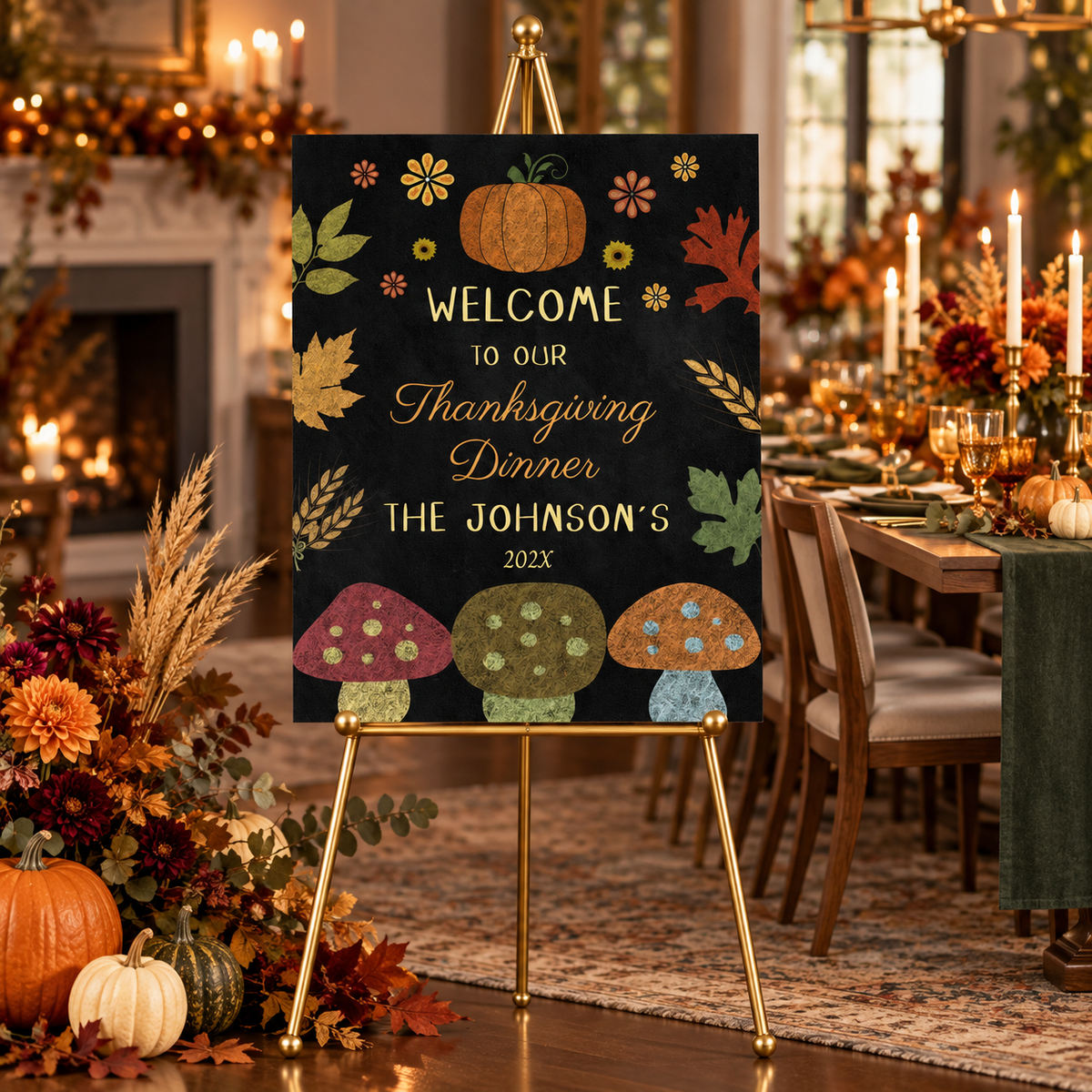 Rustic Chalkboard Pumpkin Thanksgiving Welcome Sign featuring a pumpkin, mushrooms, and autumn leaves.