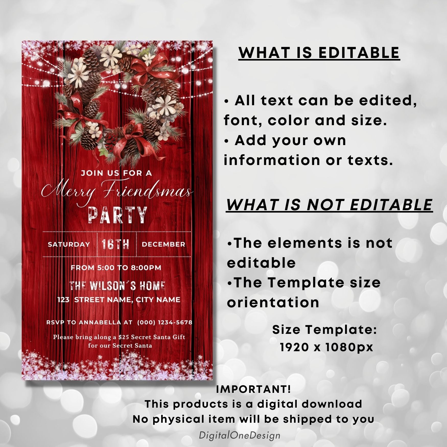Red Christmas party invitation with editable text on a gray background