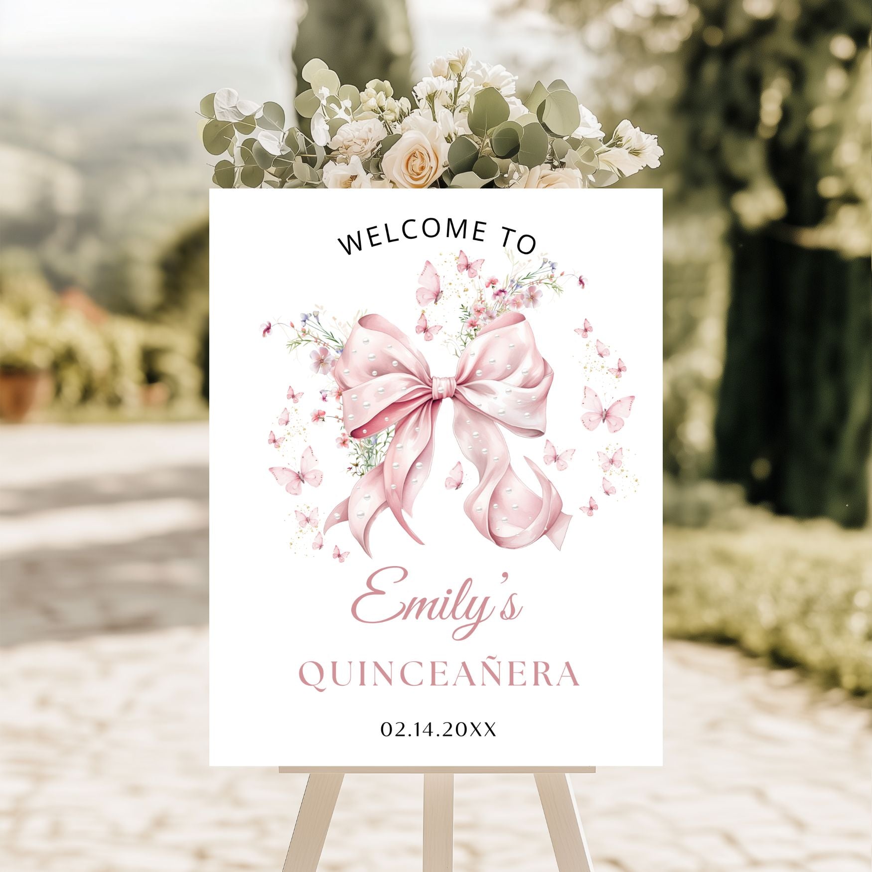 Editable Pink Bow and Pearls Quinceanera Birthday Poster