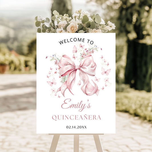 Editable Pink Bow and Pearls Quinceanera Birthday Poster