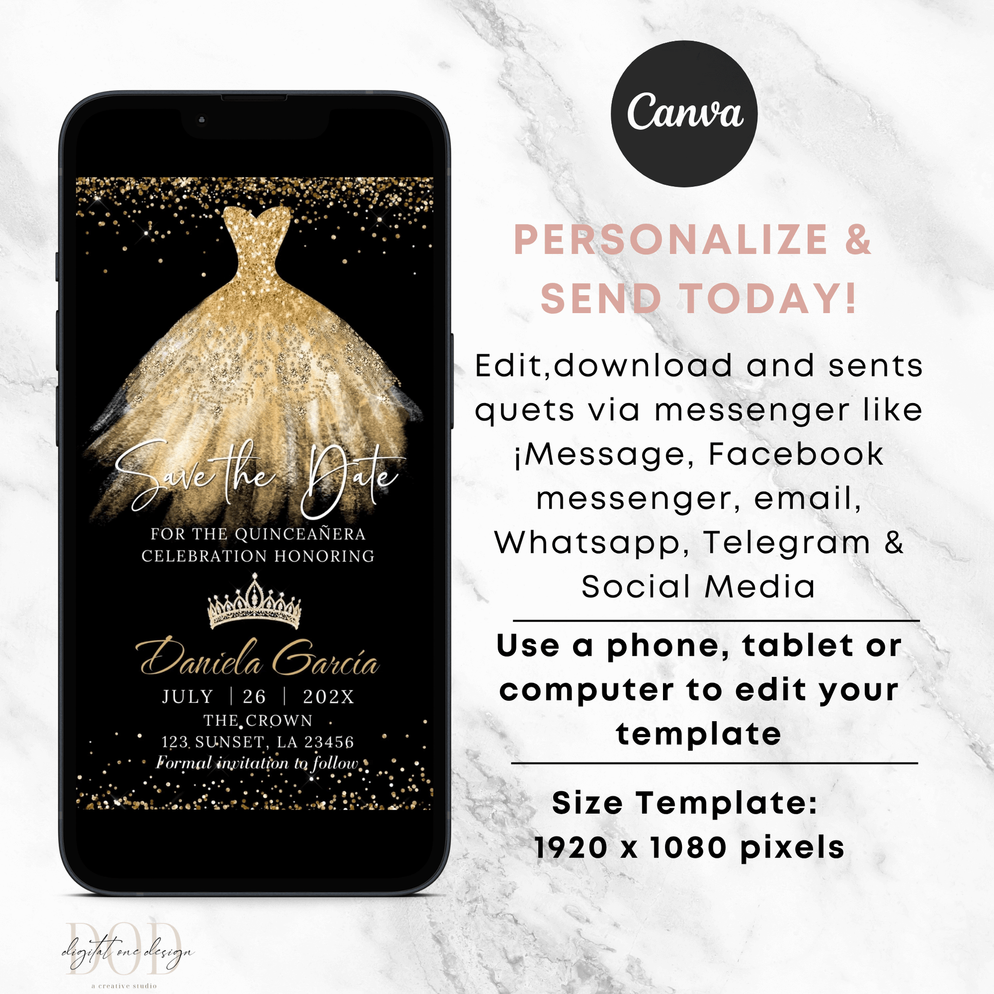 gold glitter quinceañera Editable template