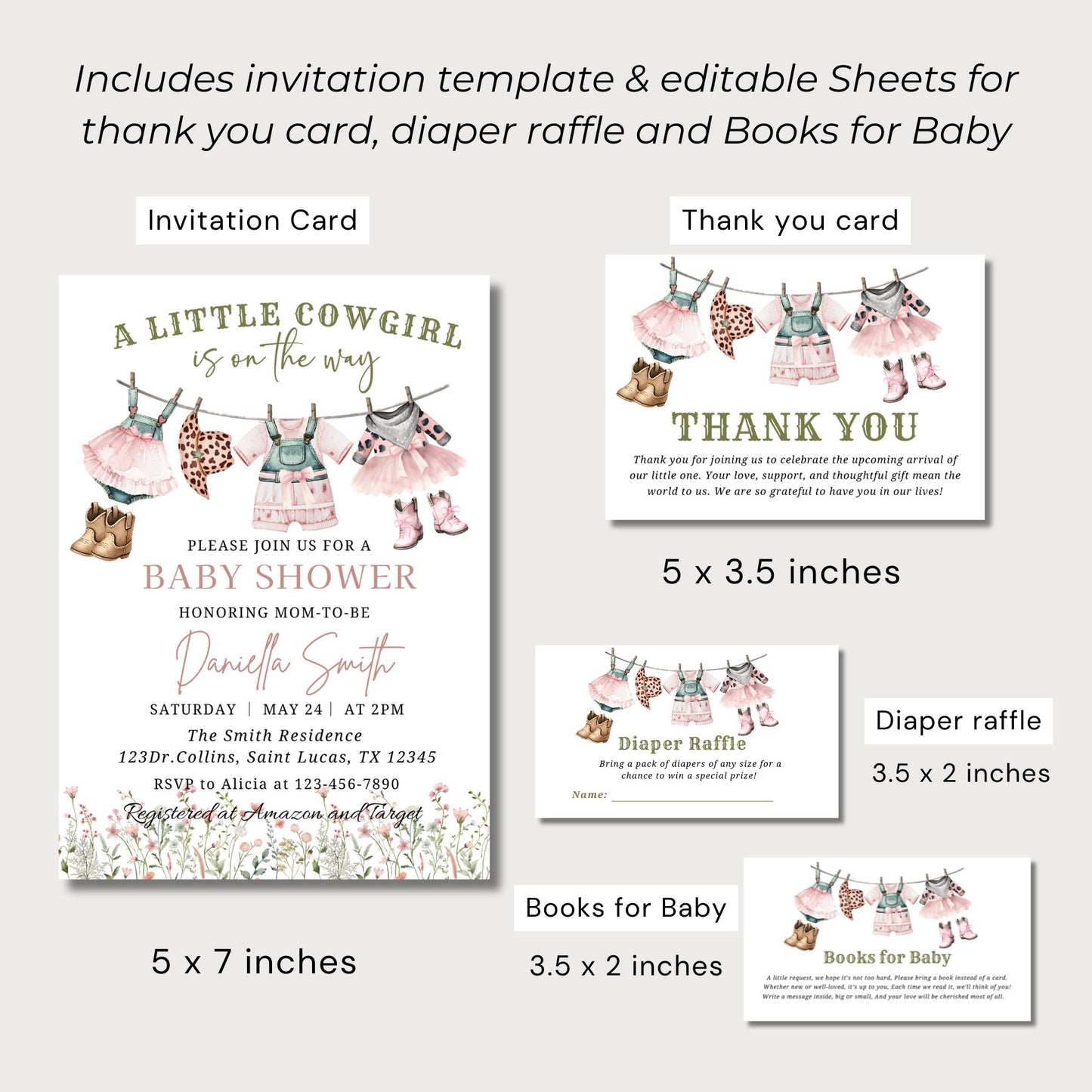 Baby shower invitation set with editable sheets for thank you card, diaper raffle, and books for baby.