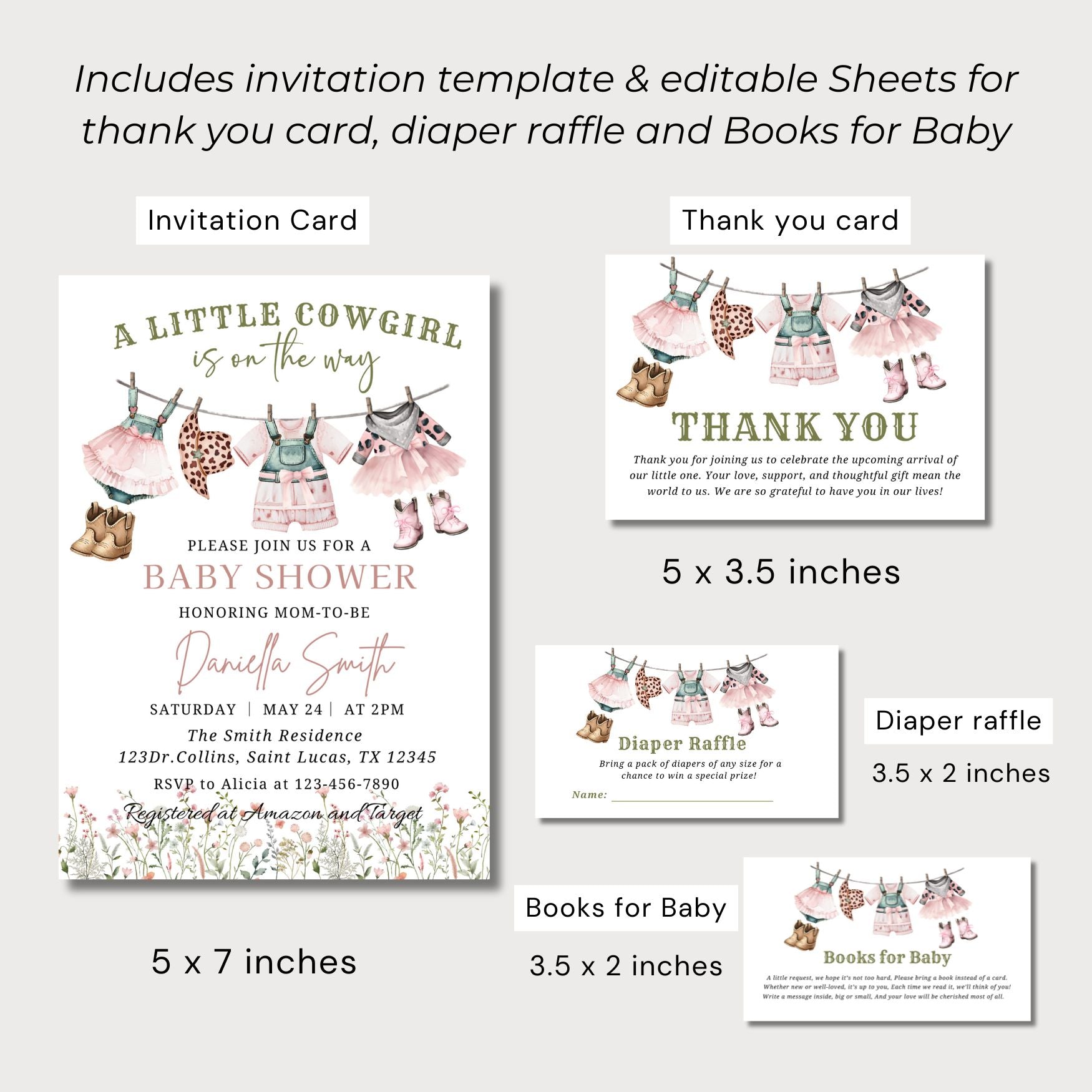 Baby shower invitation set with editable sheets for thank you card, diaper raffle, and books for baby.