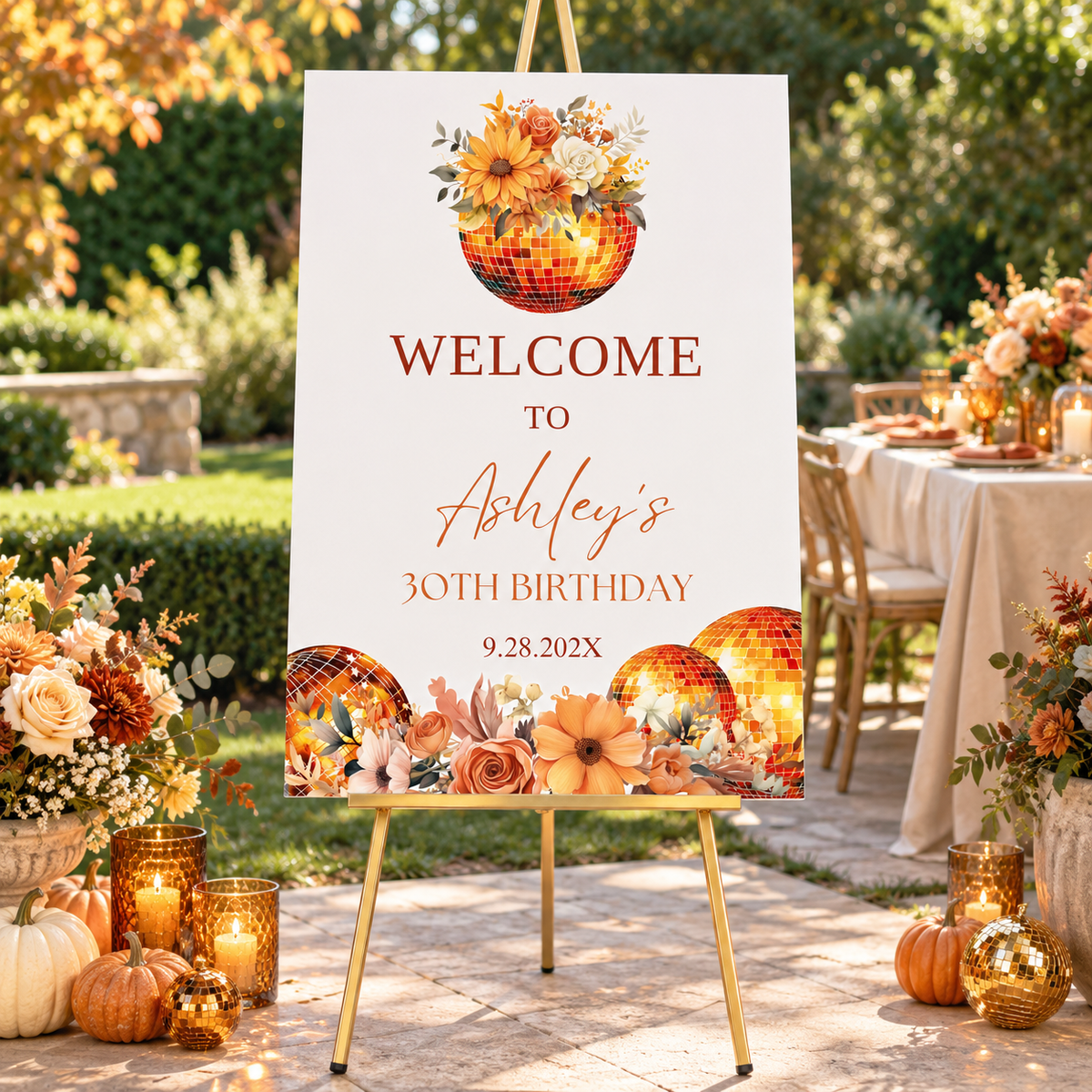 Autumn Disco Ball Birthday Welcome Sign Template featuring warm colors and floral accents for a 30th birthday celebration.