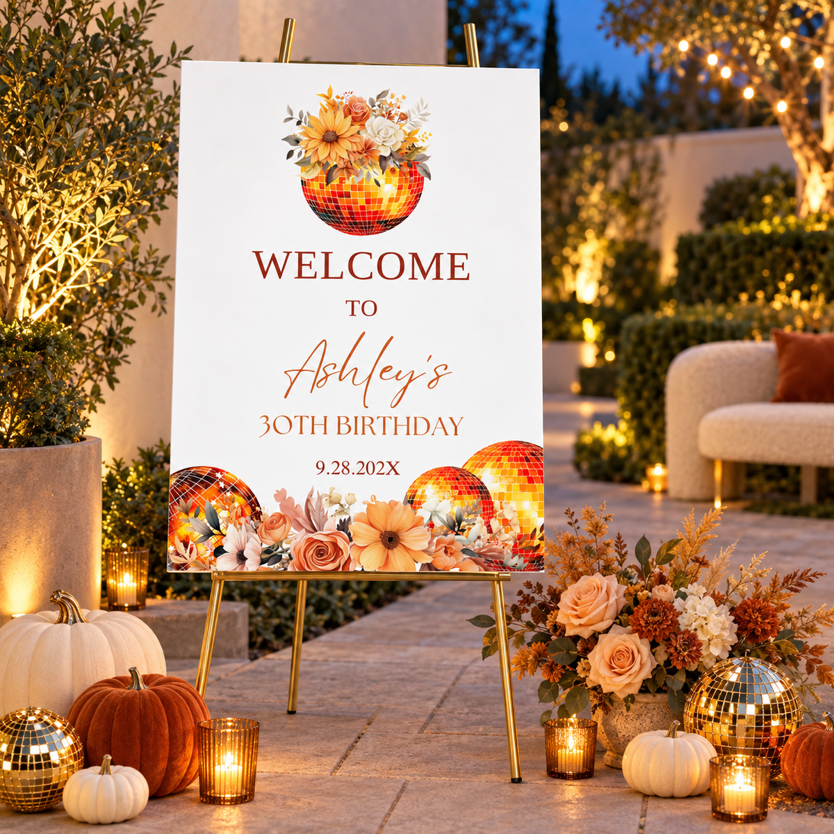 Autumn Disco Ball Birthday Welcome Sign Template at an outdoor birthday party with pumpkins and flowers.
