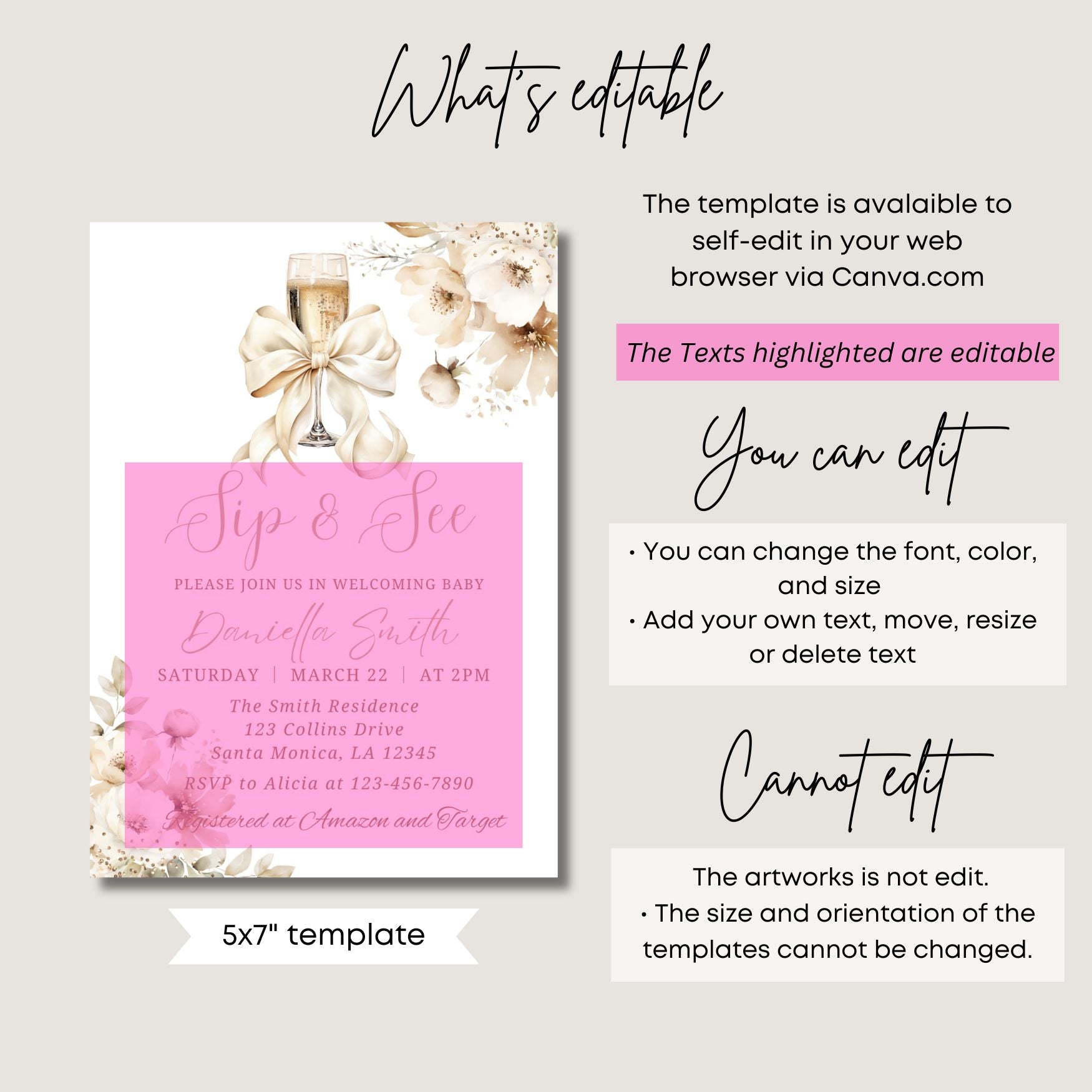 Neutral baby shower invitation with champagne glass and flowers, displayed on a light gray background.