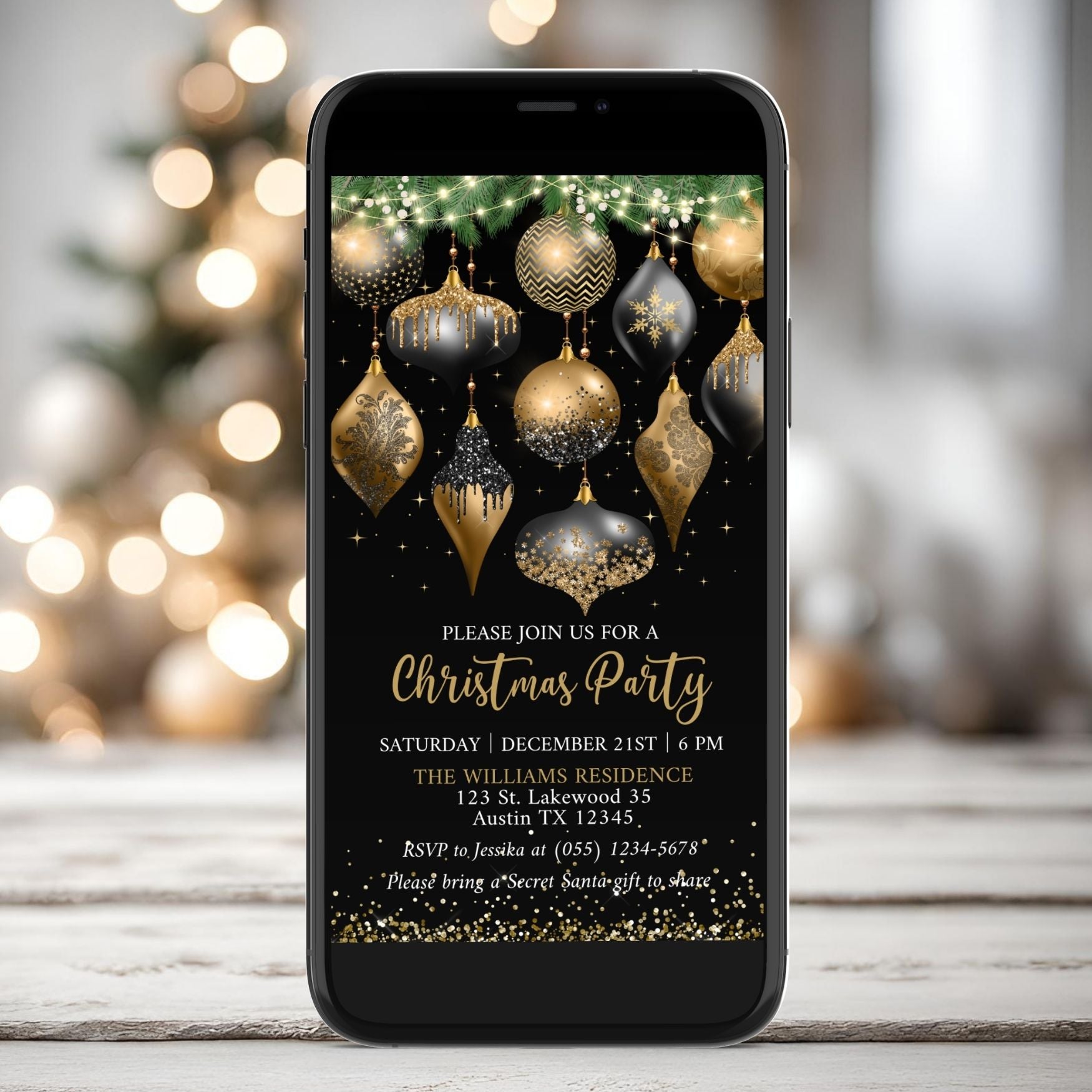 Digital Christmas party invitation with festive black and Gold ornaments on a blurred background
