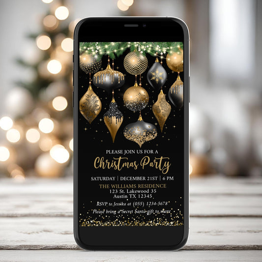 Digital Christmas party invitation with festive black and Gold ornaments on a blurred background