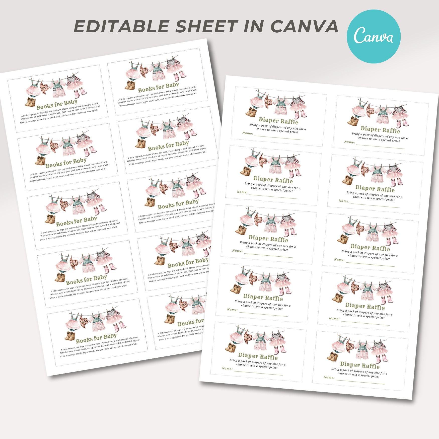 Two sheets of baby shower editable templates in Canva on a white background