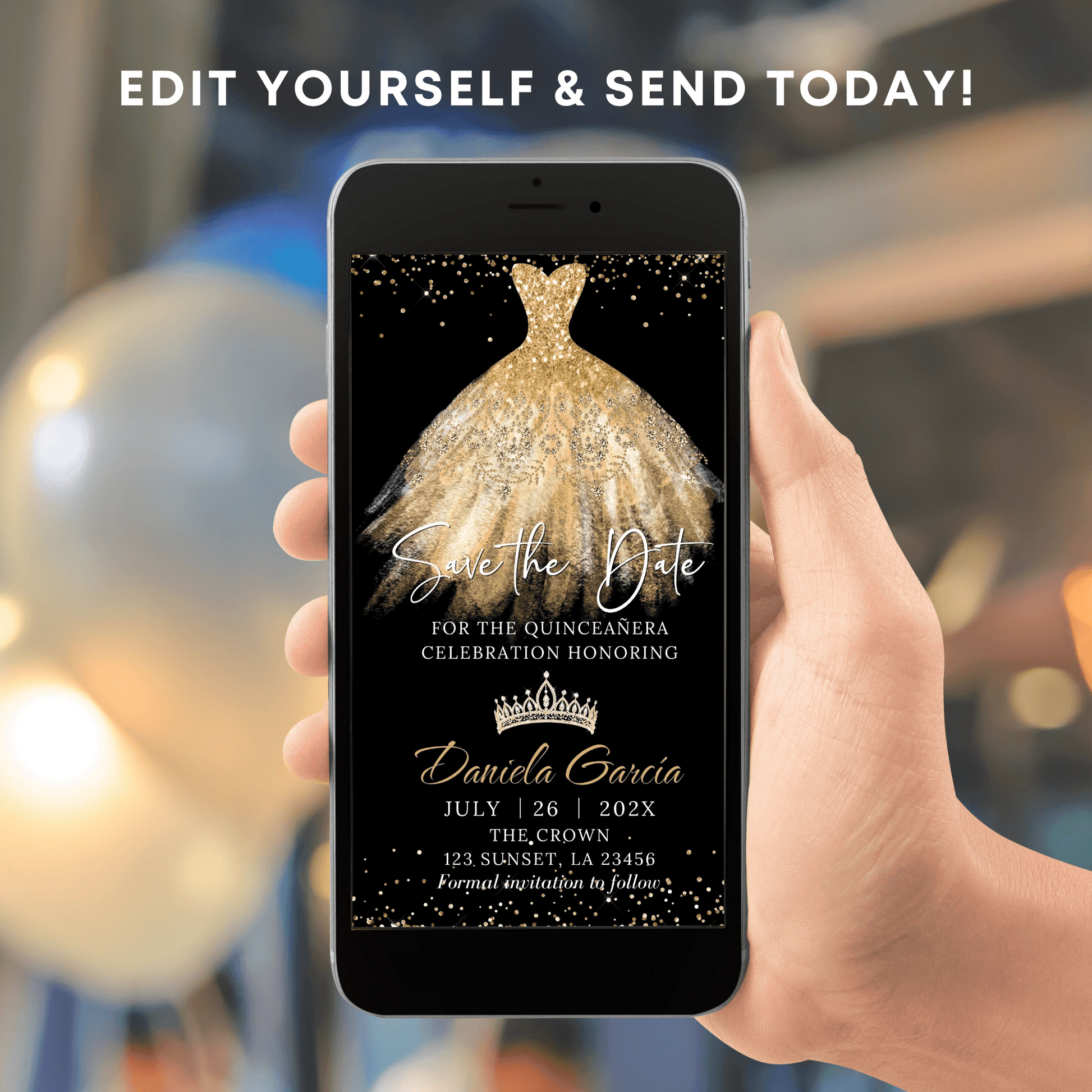 Editable Gold Dress 15th Birthday Invitation