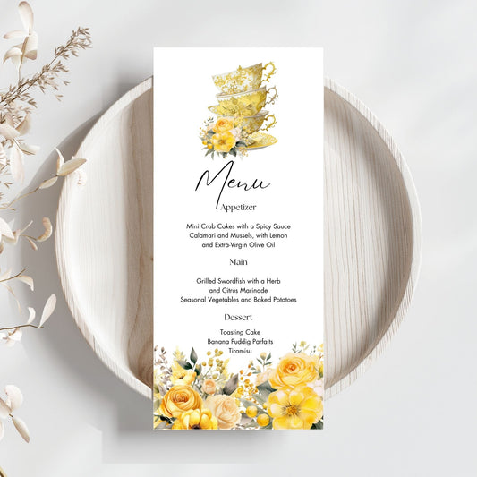 Tea Party Menu card with yellow floral  and cup design on a white plate