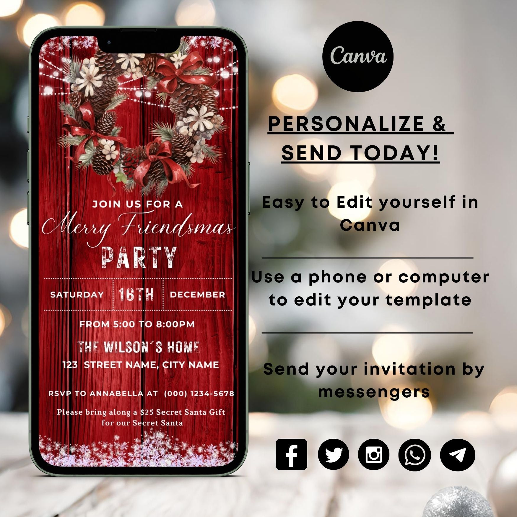 Phone displaying a Rustic Christmas party invitation with festive design, surrounded by blurred lights and decorations.