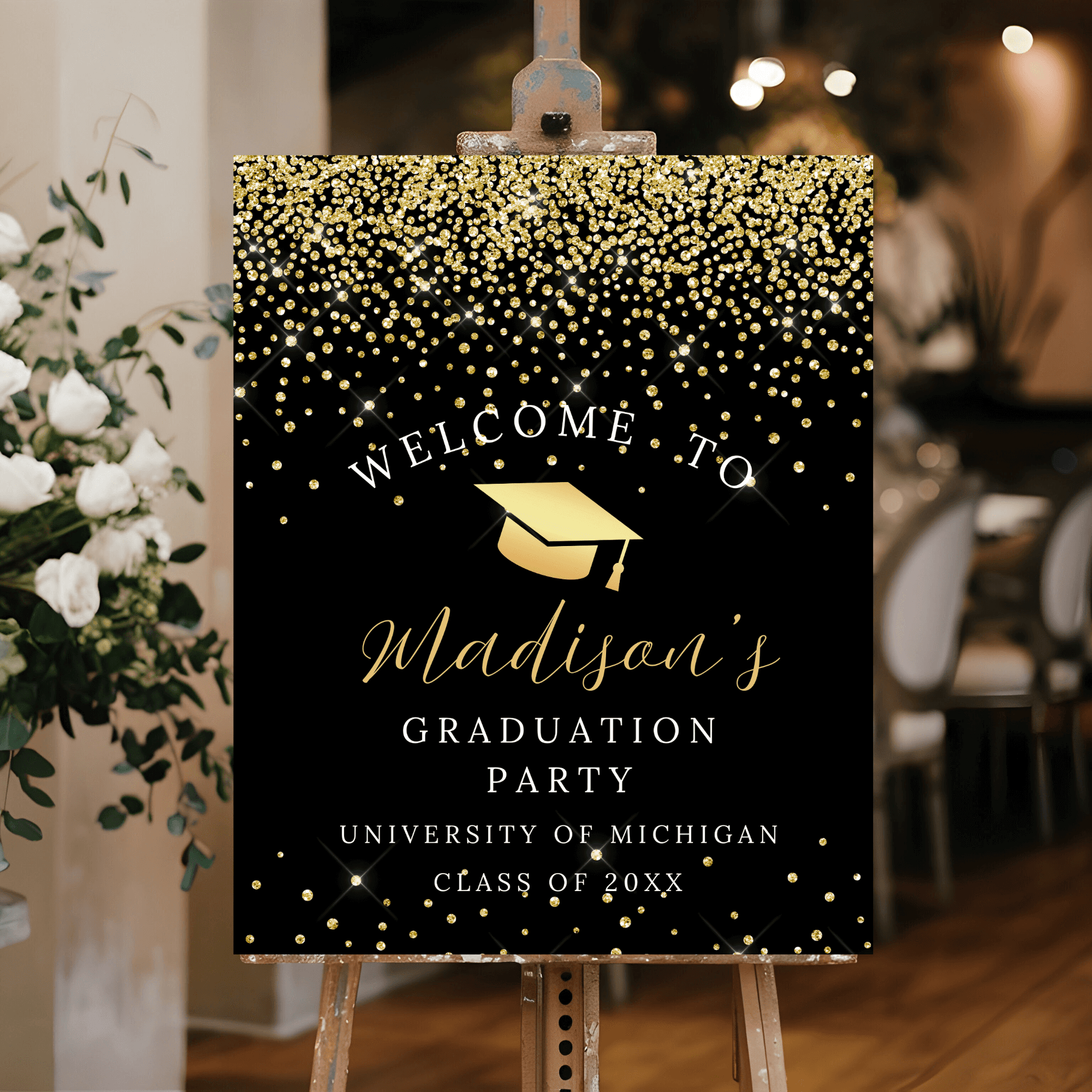 Elegant Gold and Black Graduation Welcome Sign Decoration