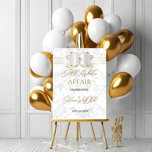 Editable White & Gold Bow Birthday Sign