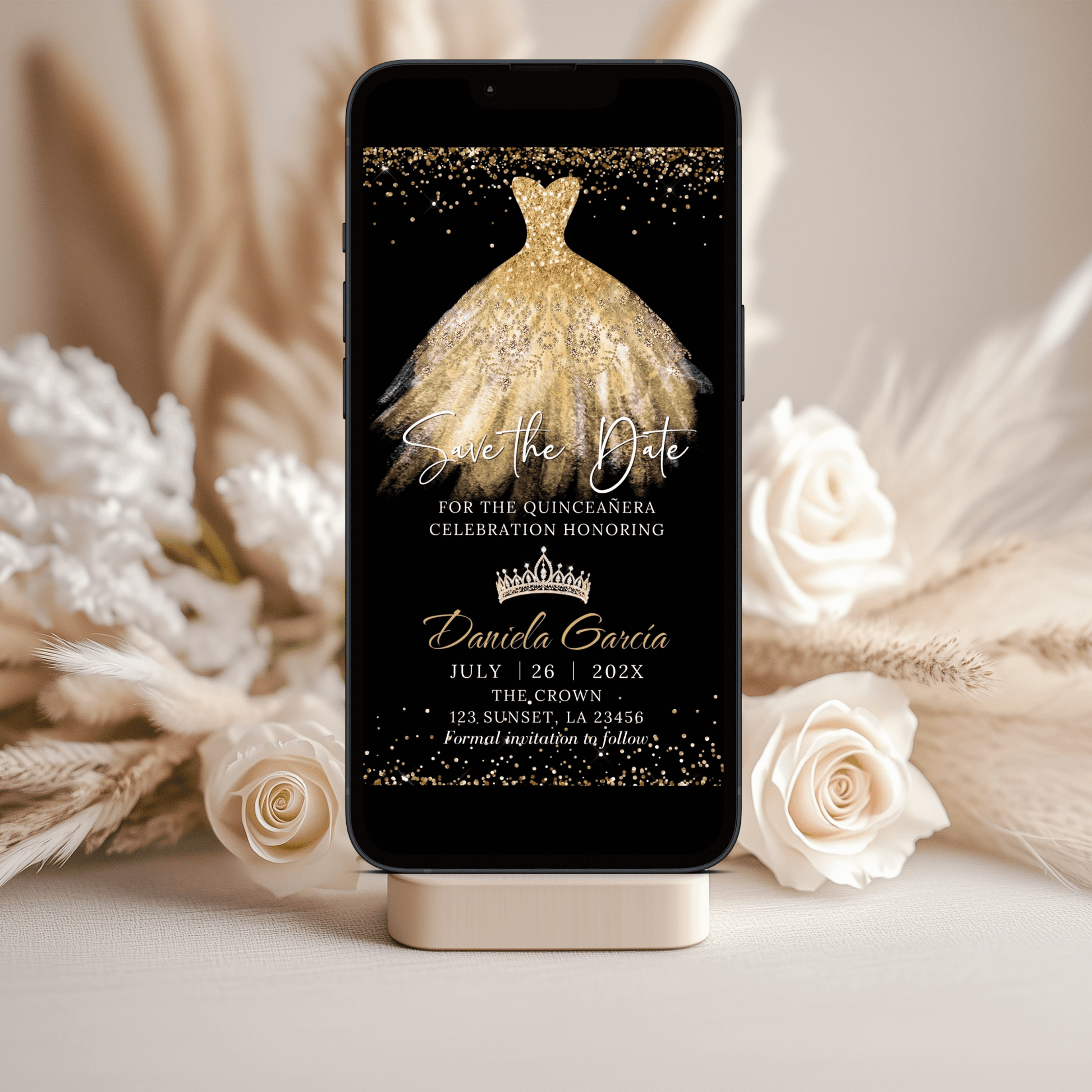 elegant gold quinceañera invite