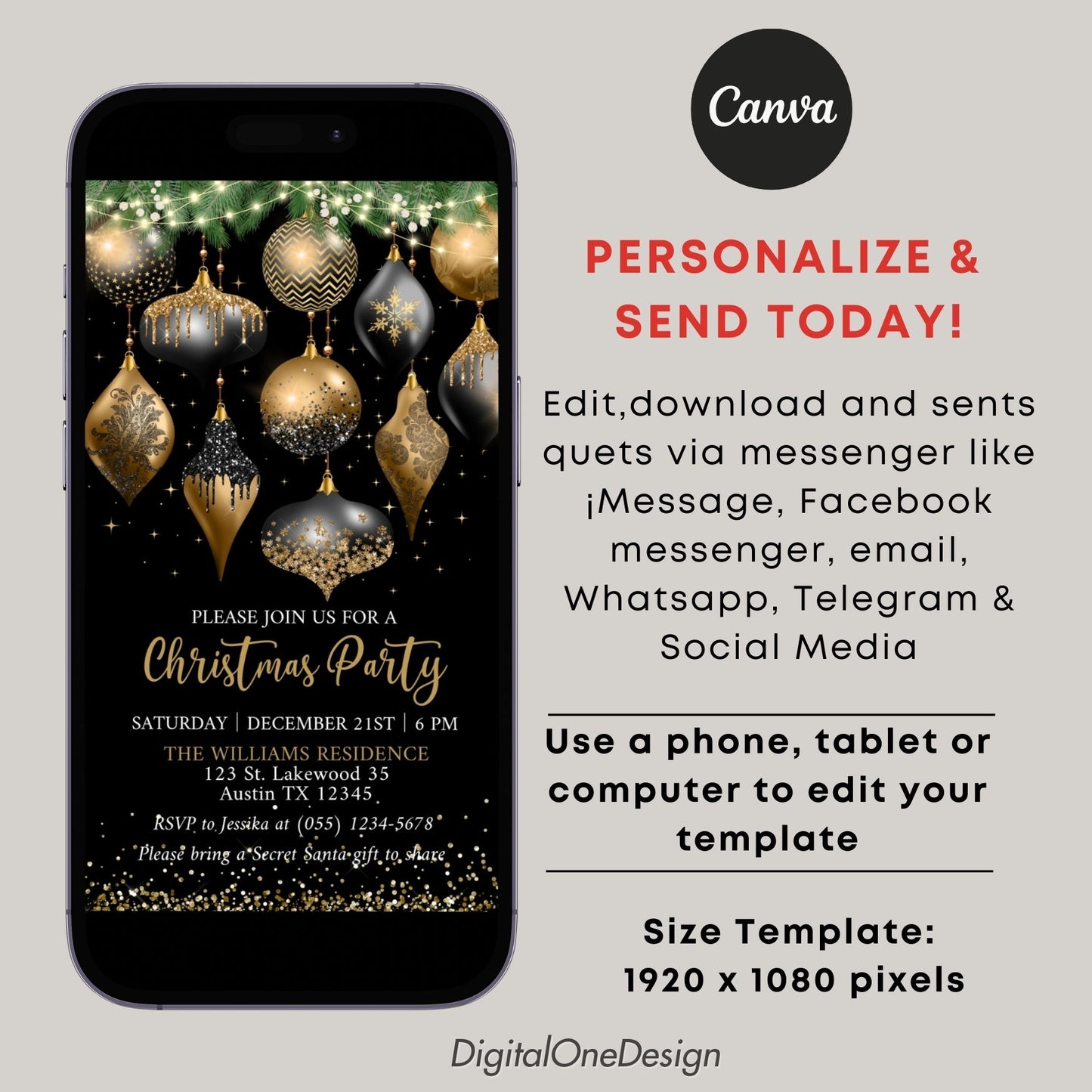 Electronic Christmas party invitation with gold and silver ornaments on a black background