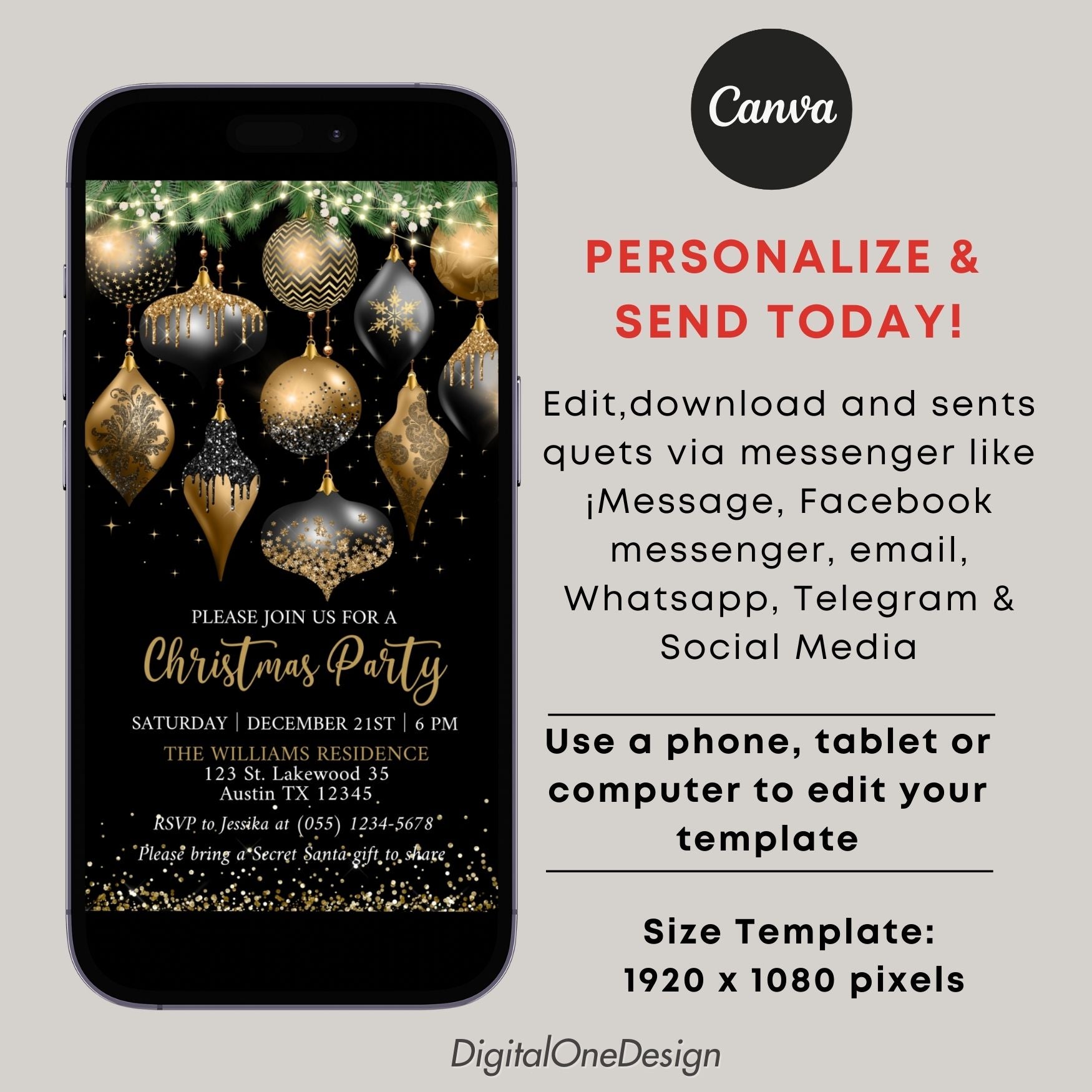 Electronic Christmas party invitation with gold and silver ornaments on a black background