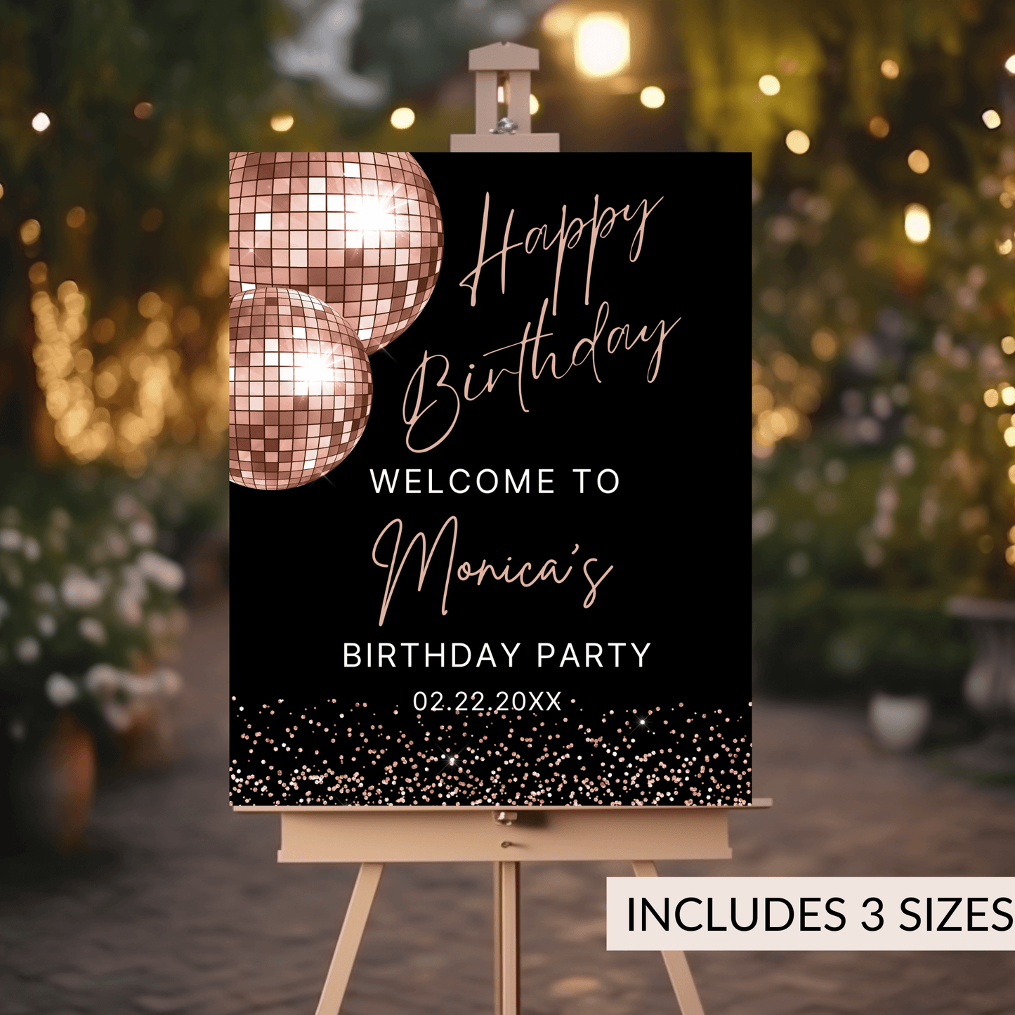 Rose Gold Disco Ball Birthday Welcome Sign, Editable Retro Party Poster, Glam Rose Gold & Black Birthday Sign, Instant Download