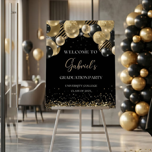 Editable Black and Gold Graduation Party Welcome Sign