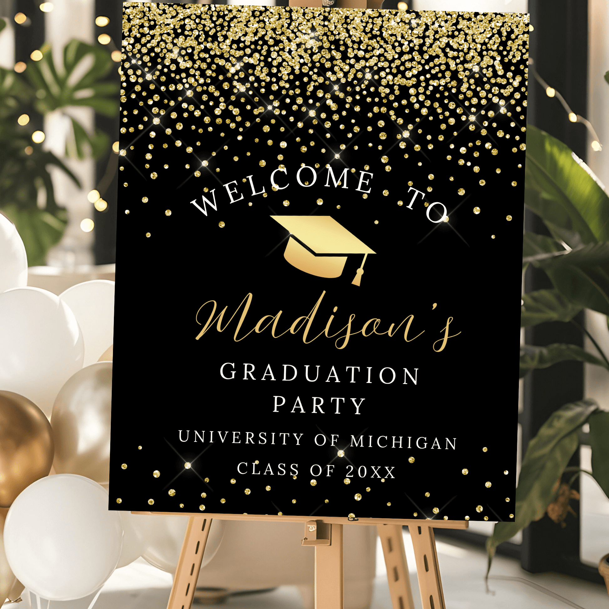 Luxury Gold confetti Graduation Welcome Sign template