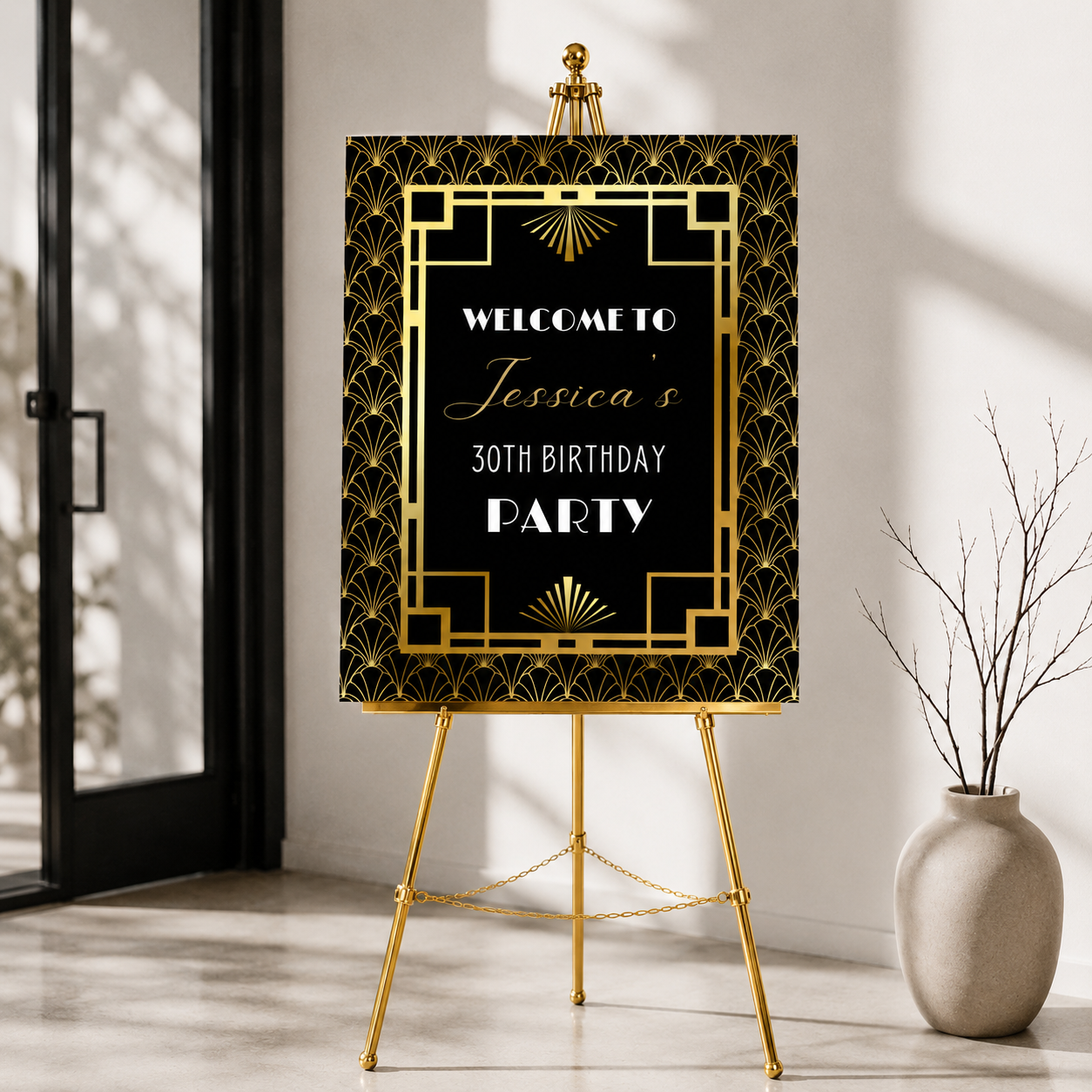 Art Deco Gatsby 1920's Birthday Party Welcome Sign displayed on an easel in a stylish interior.