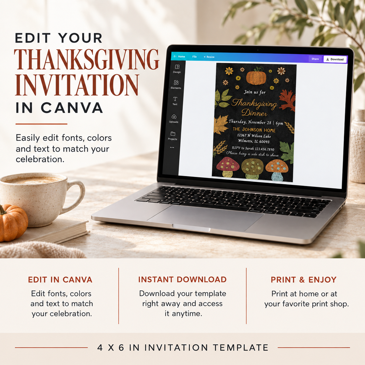 Editable Rustic Fall Dinner Party Invitation Template displayed on a laptop in a cozy setting with autumn decorations.