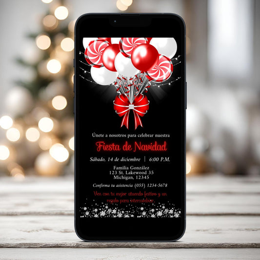  Editable Spanish Red White Candy Cane Balloons Christmas Invitation