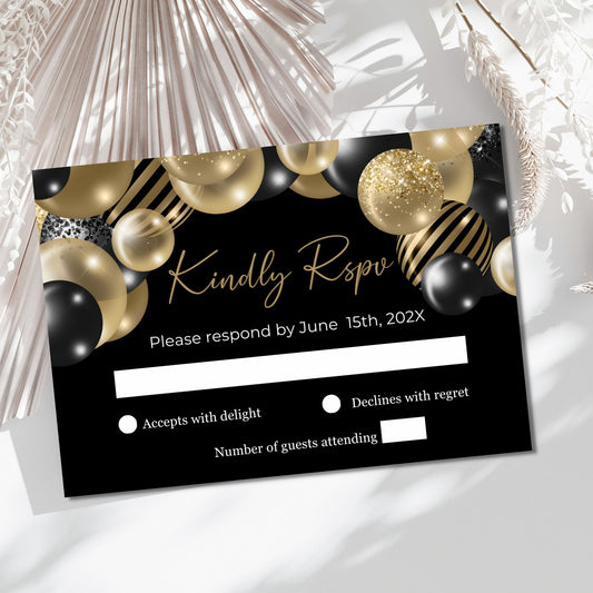 Editable RSVP card with gold and black balloons on a white background