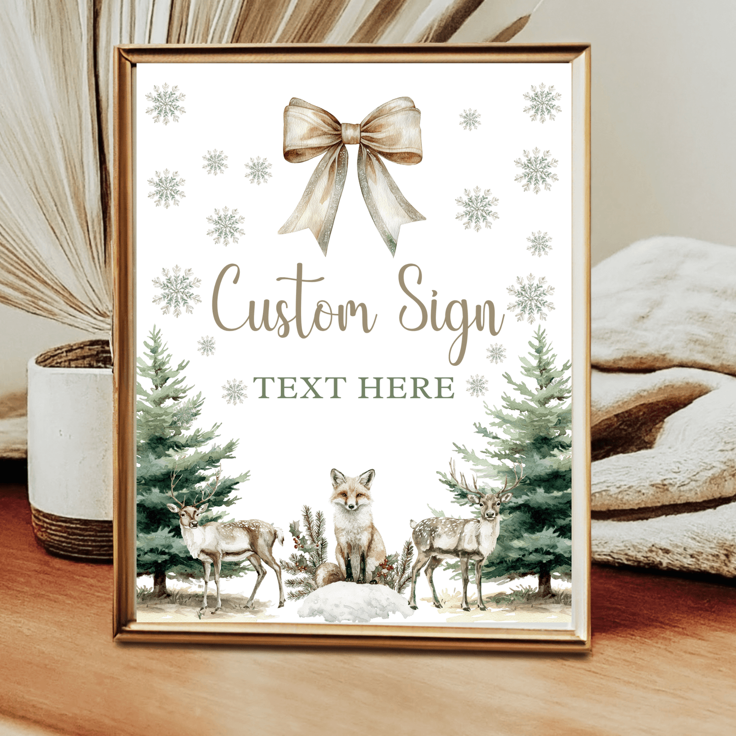 Editable Winter Woodland Baby Shower sign with custom text, featuring deer, fox, and snowflakes, perfect for DIY events.