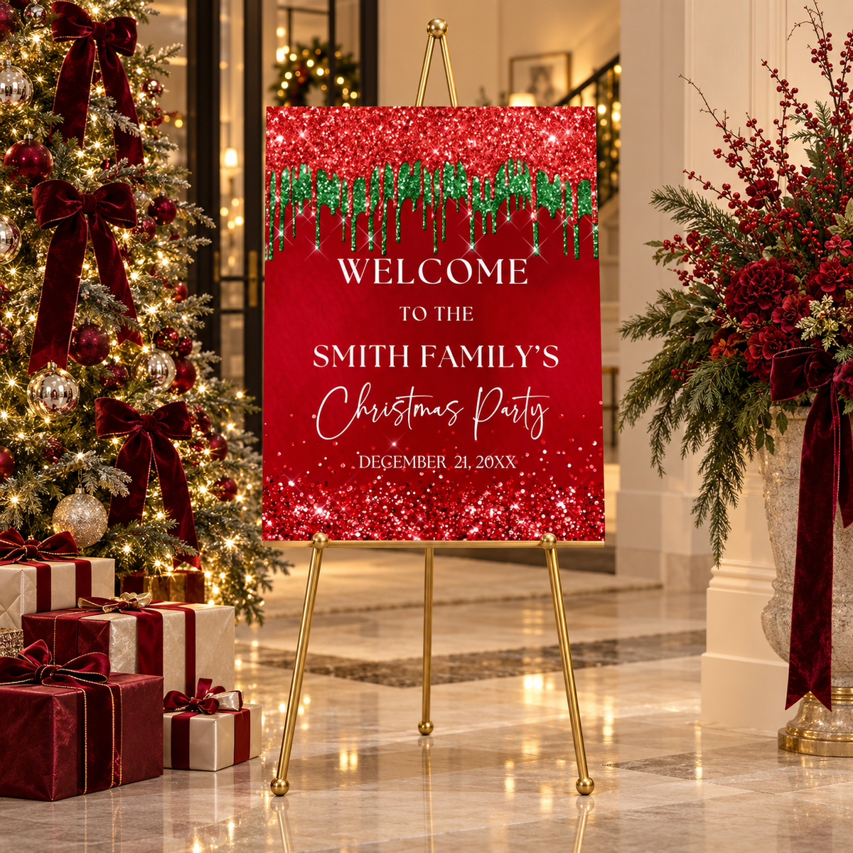 Red and Green Christmas Party Welcome Sign with festive decorations for the Smith Family's Christmas Party.